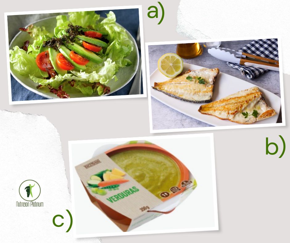 Ensalada de aguacate y alga nori con dorada a la plancha y pure de verduras.